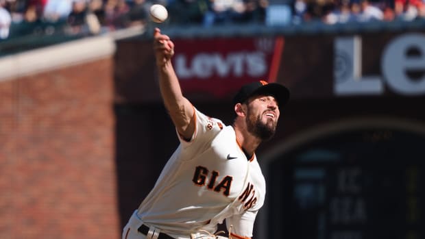 SF Giants starting pitcher Tristan Beck pitches the ball against the Atlanta Braves during the first inning at Oracle Park on August 27, 2023.